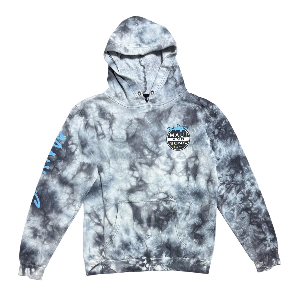 Maui And Sons Hoodie Sweatshirt Mens Medium Gray Tie Dye‎ Shark Logo Surf